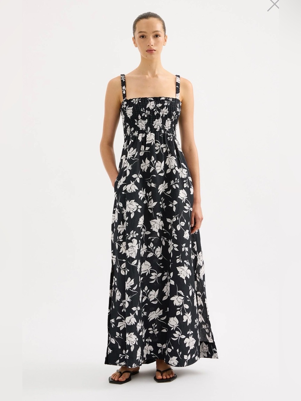 NUDE LUCY Med Feminine Romantic Alba Linen Maxi Sun Dress Charcoal Gray Floral